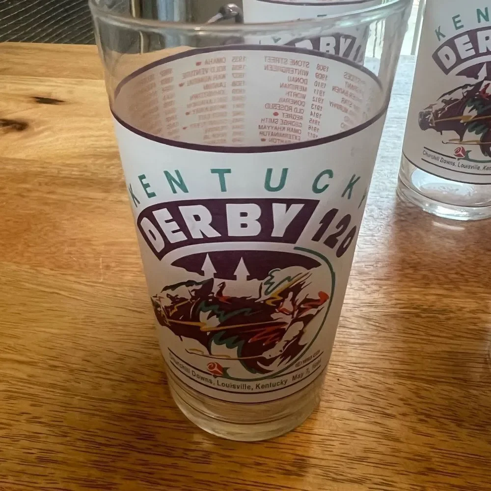 Kentucky Derby 120 frosted vintage Glass Set of 4 bar Mint Julep glasses.